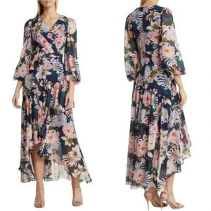 Eliza J Floral Long Sleeve High Low Faux Wrap Midi Dress Navy Size 6 NWT